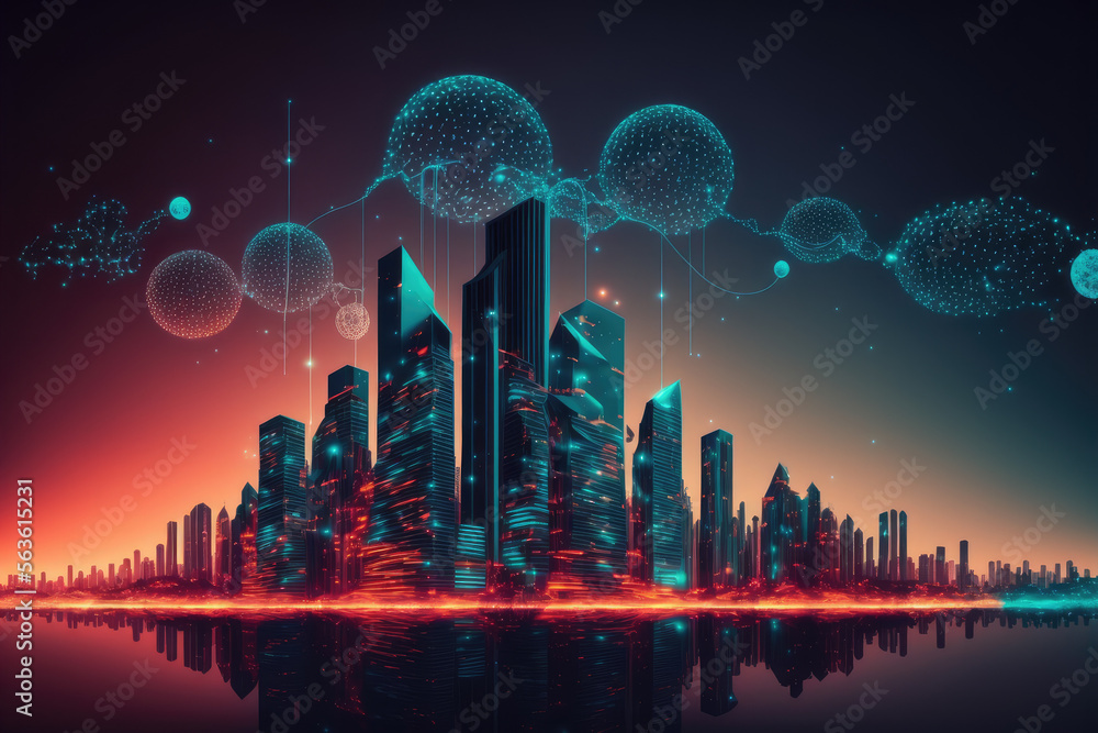 Futuristic smart city internet network connection through wireless system. Peculiar AI generative im