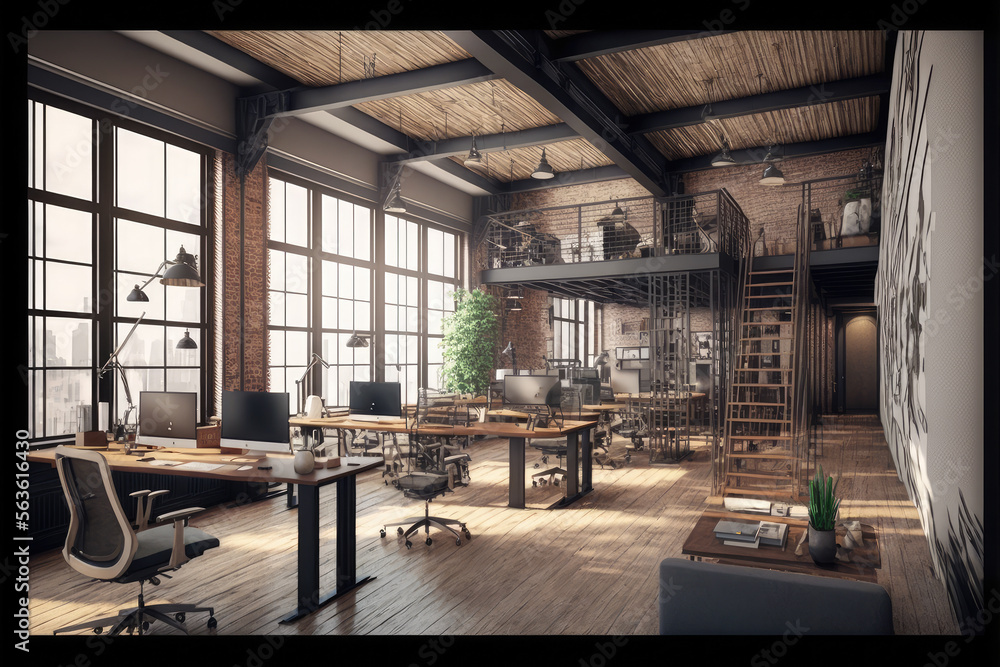 Luxury workspace office decorated with industrial loft modern interior design. Peculiar AI generativ