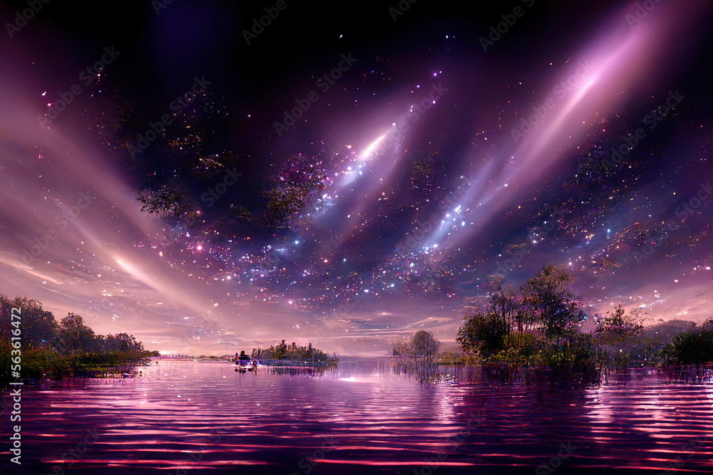 Starry night lake with bright star shine in the sky horizon reflecting on silky lake with splendid n