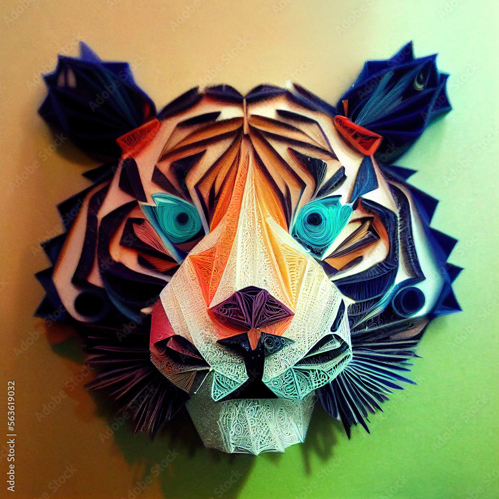 Splendid paper quilling tiger in . Realistic abstract paper craft in geometric shape of bengal asian