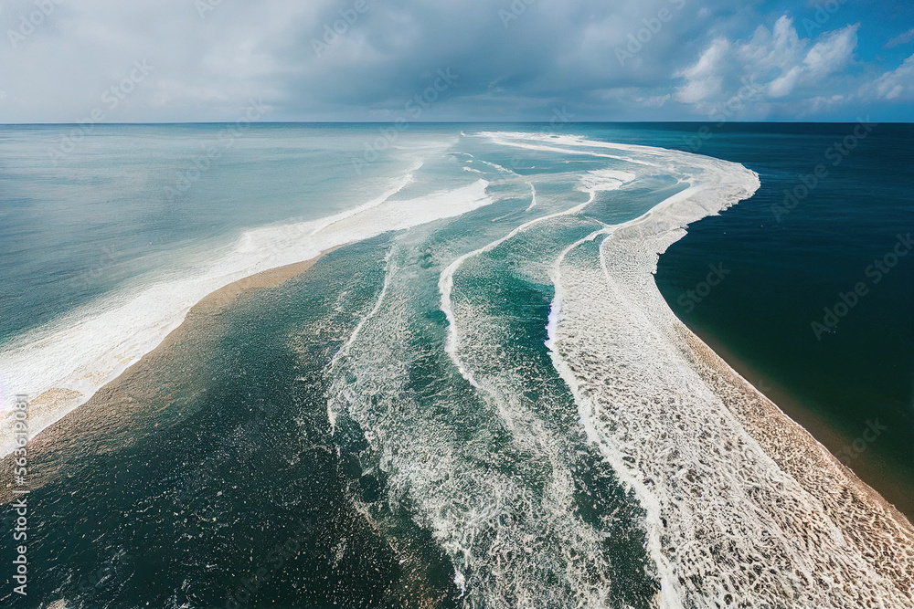 Spectacular top view from drone photo of beautiful beach with relaxing sunlight, sea water waves pou