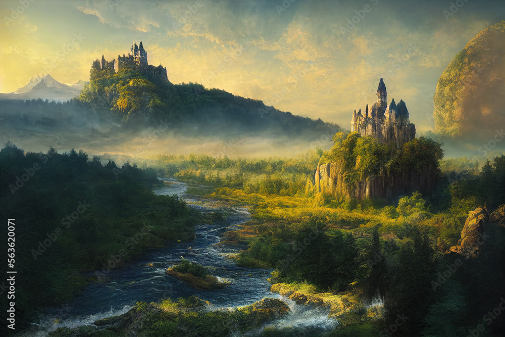 Beautiful of fantasy fairy tale castle on waterfall with hills and mountain scenery. Splendid greene