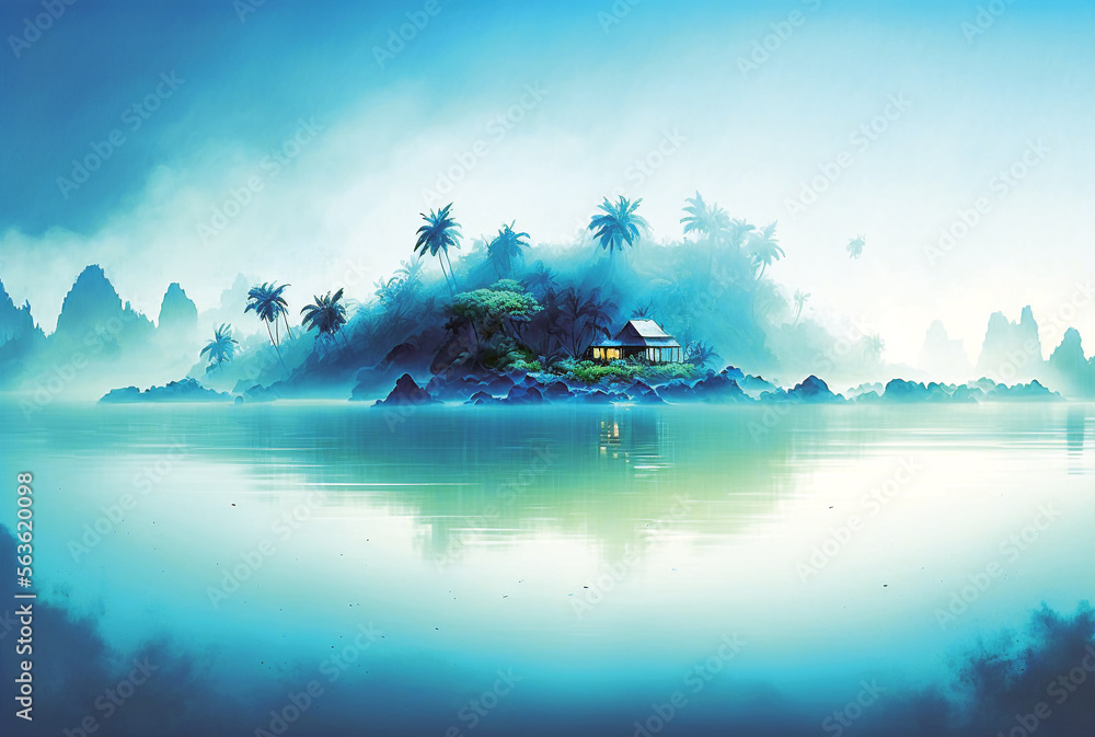 Fantasy landscape at sunrise with tropical island, ocean and palm trees