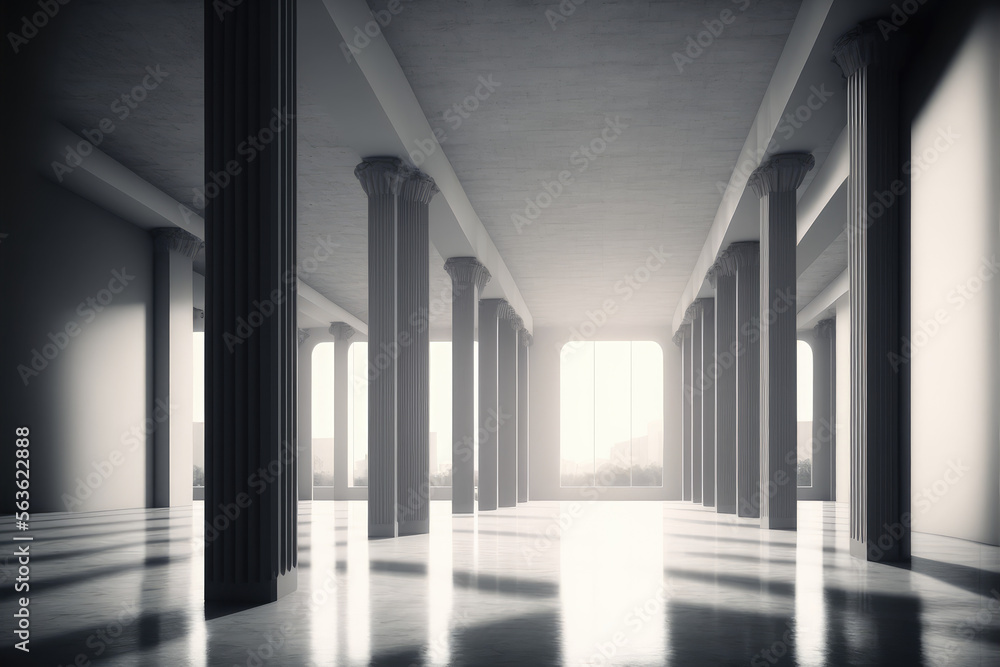 Large hall corridor inside office building background. Peculiar AI generative image.