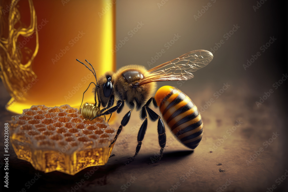 Bee and honey from close up view of nature insect. Peculiar AI generative image.