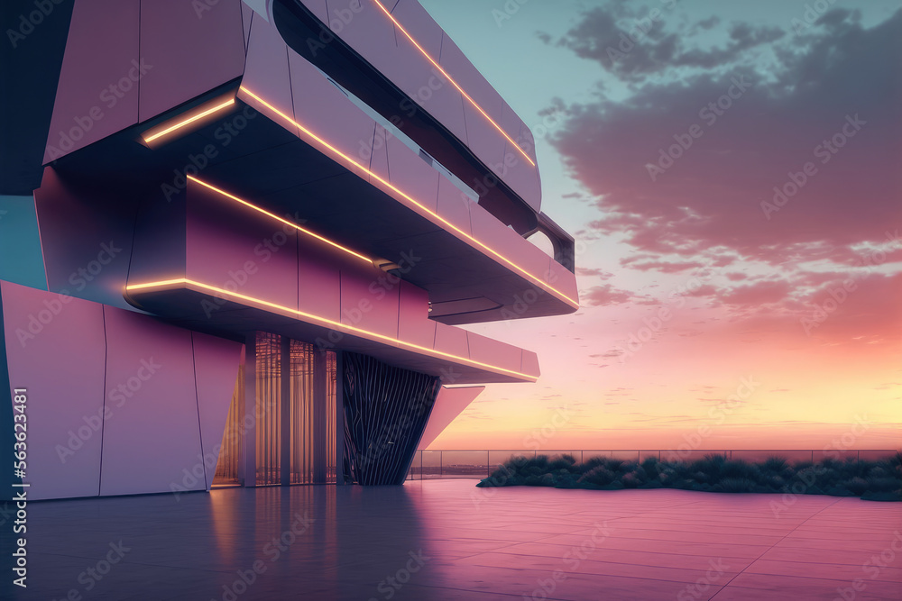 Sunset view of empty balcony floor on corridor of modern building exterior. Peculiar AI generative i