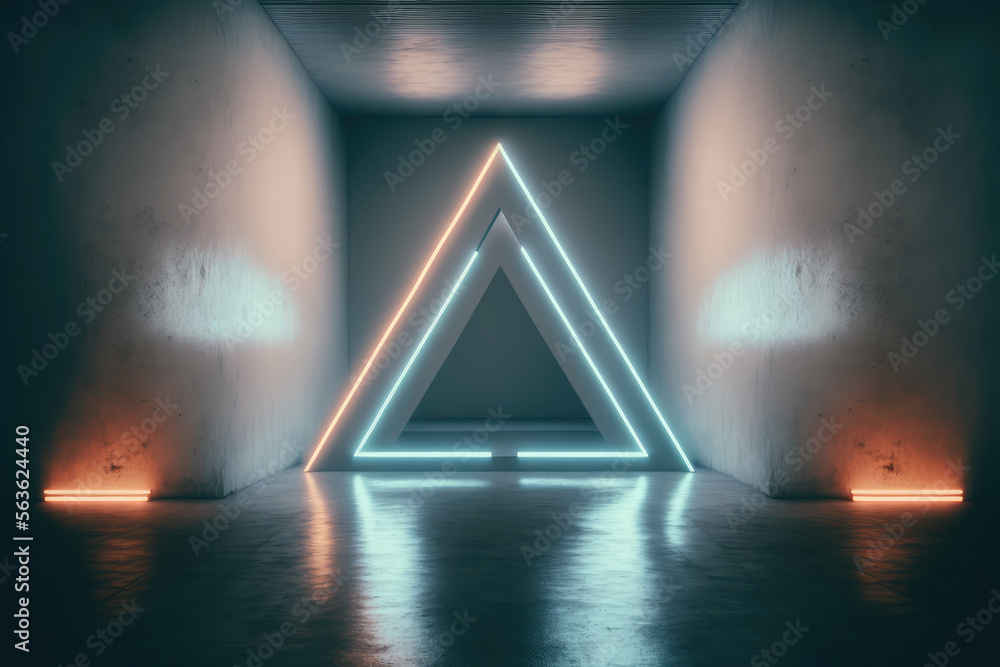 Concrete room with triangle portal illuminated by blue and orange neon light. Peculiar AI generative