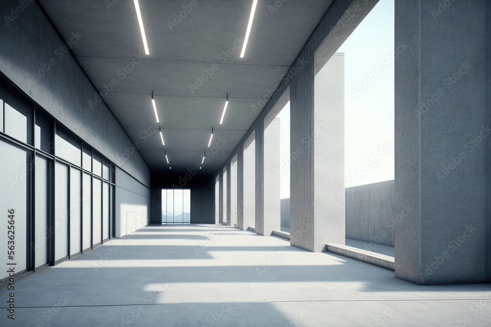 Modern architecture exterior of public hall entrance in urban building outdoor under bright sky with