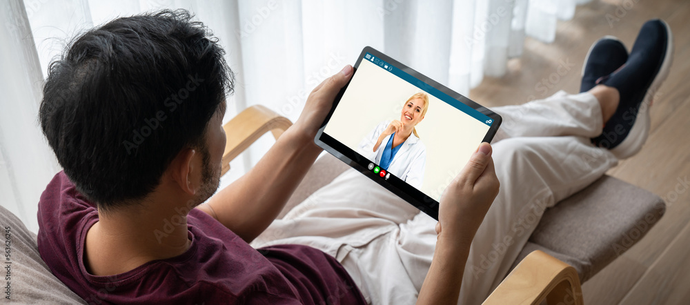 Doctor video call online by modish telemedicine software application for virtual meeting with patien