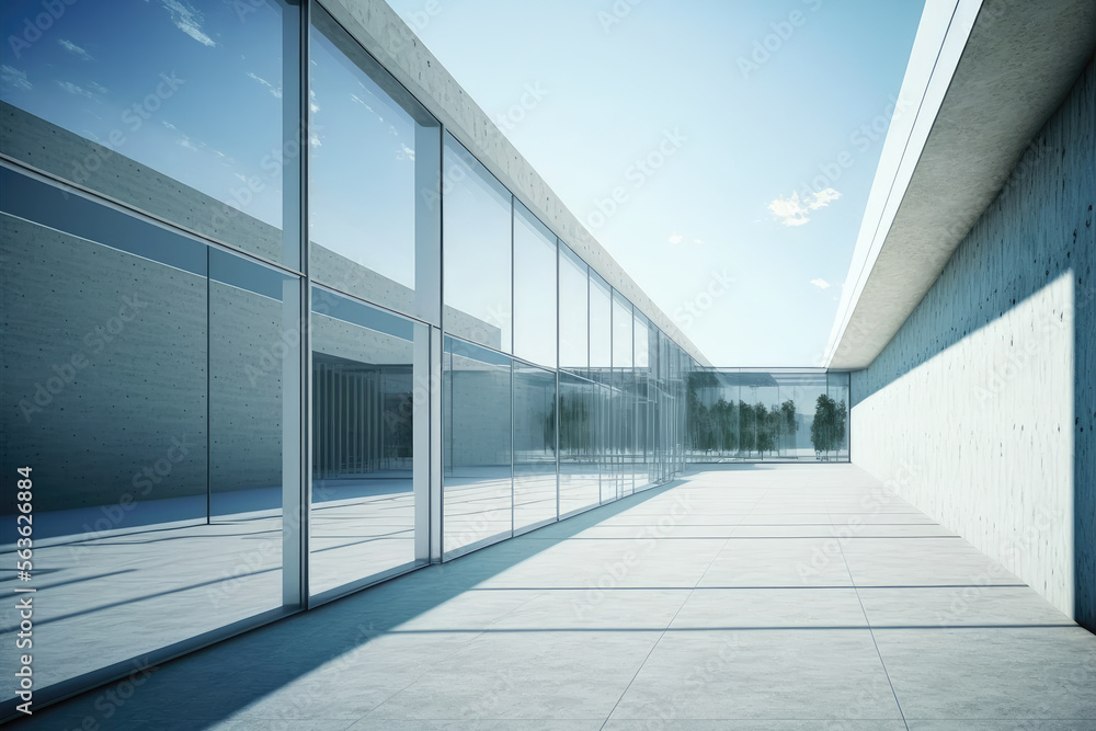 Modern architecture exterior of public hall entrance in urban building outdoor under bright sky with