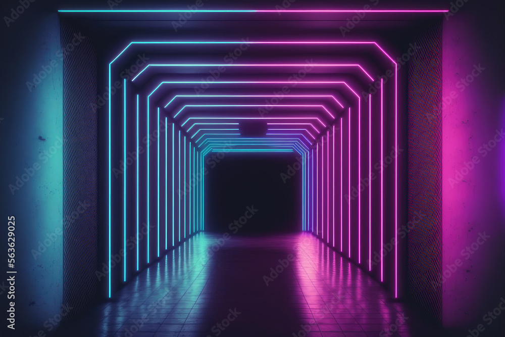 Neon light corridor tunnel with diminishing perspective view . Futuristic walking pathway. Peculiar 