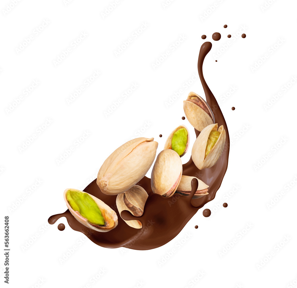 Crushed pistachios in chocolate splash isolated on a white background