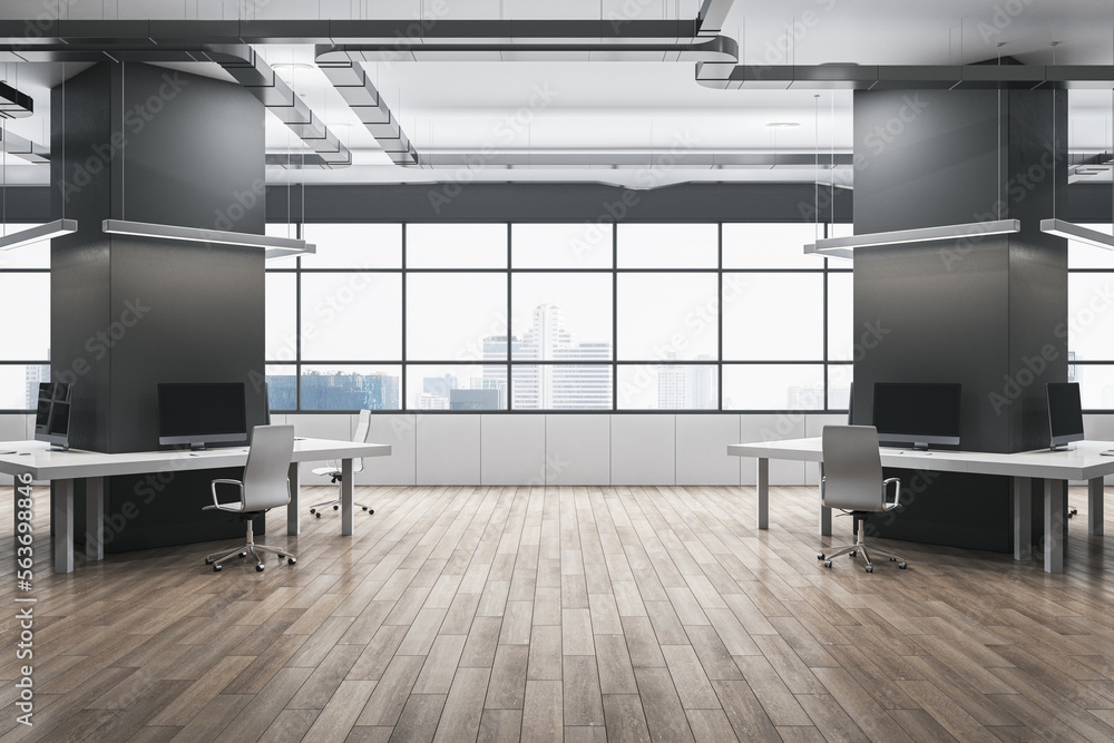 Modern spacious bright coworking office interior. Wooden flooring and concrete materials. Panoramic 