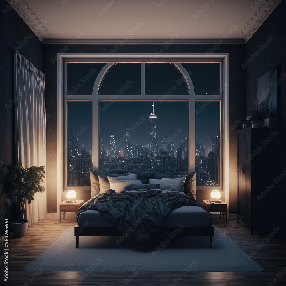 Interior of luxury penthouse bedroom at night. Peculiar AI generative image.