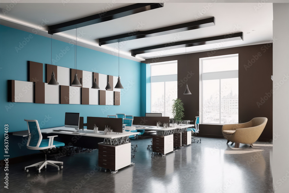 Modern office interior design . Contemporary workspace for creative business. Peculiar AI generative