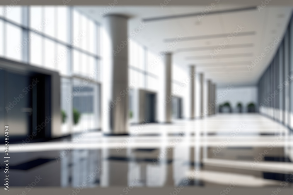 Blur background of empty entrance hall of modern public station or large convention center lobby . C