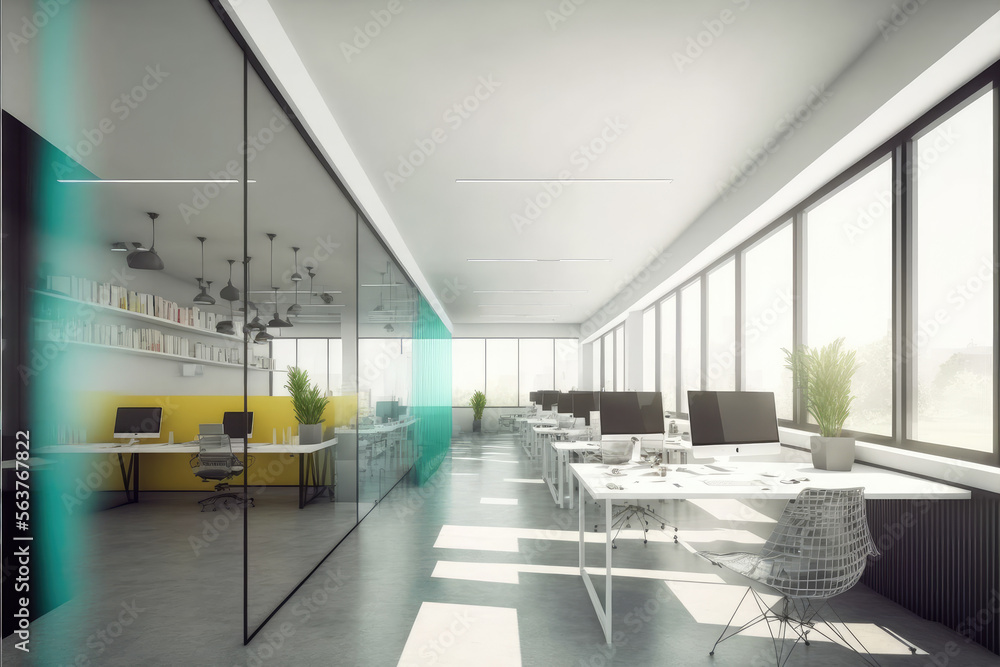 Modern office interior design . Contemporary workspace for creative business. Peculiar AI generative