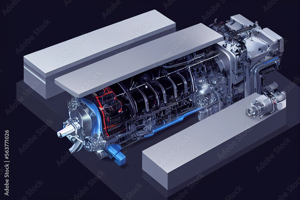 未来电动发动机的精彩解剖或剖面图揭示了涡轮齿轮部件的再充电a