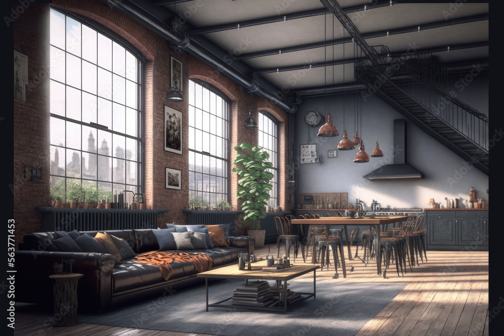 Luxury apartment decorated with industrial loft modern interior design. Peculiar AI generative image