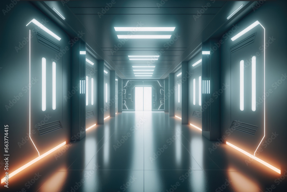 Empty sci-fi futuristic room of spaceship with blue light decoration . Super modern interior design.