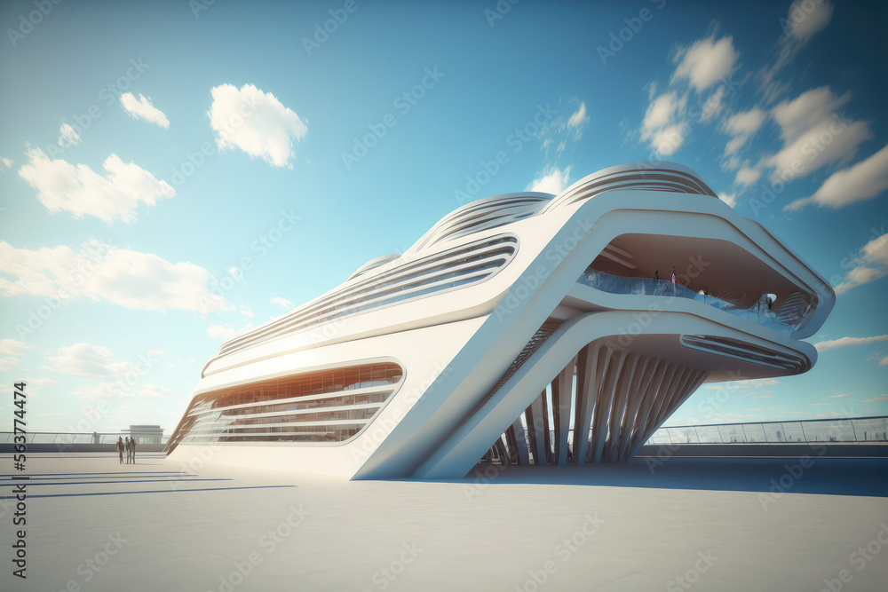 Futuristic architecture of modern hall entrance facade with empty concrete corridor under bright blu