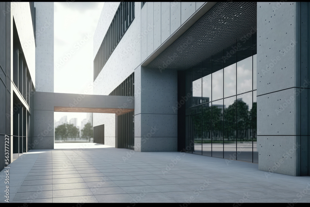 Modern architecture exterior of public hall entrance in urban building outdoor under bright sky with