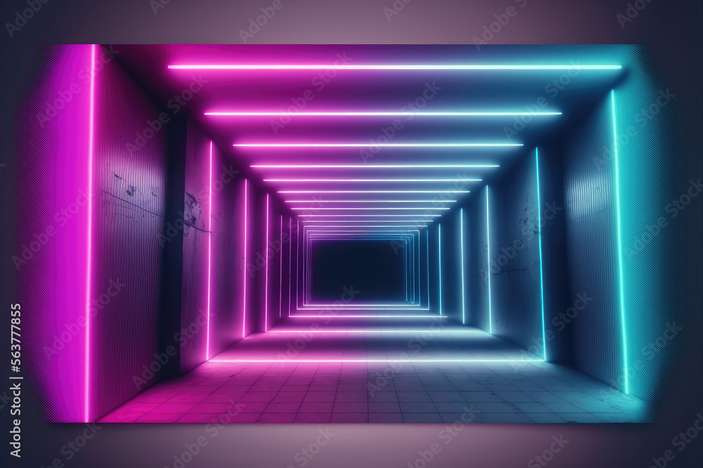 Neon light corridor tunnel with diminishing perspective view . Futuristic walking pathway. Peculiar 