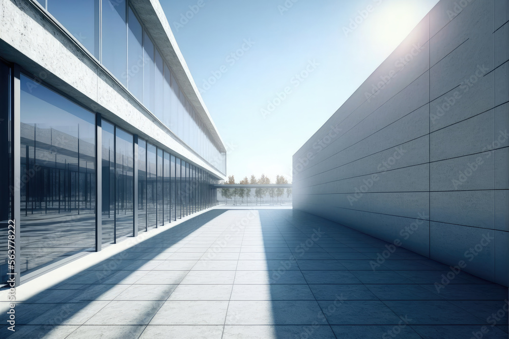 Modern architecture exterior of public hall entrance in urban building outdoor under bright sky with