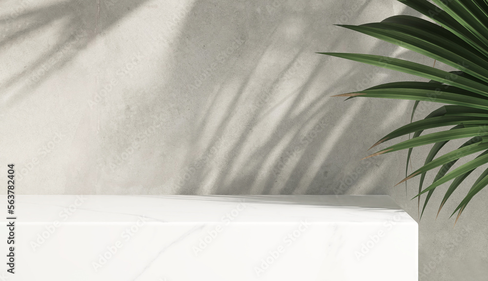 Modern minimal empty white marble stone counter table top, palm tree in sunlight, leaf shadow on con