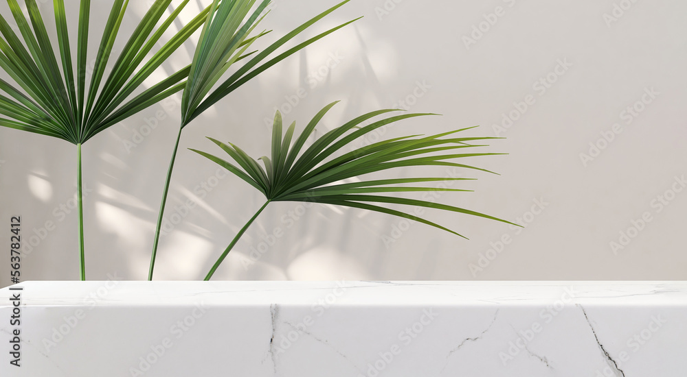 Modern minimal empty white marble stone counter table top, bamboo palm tree in sunlight, leaf shadow