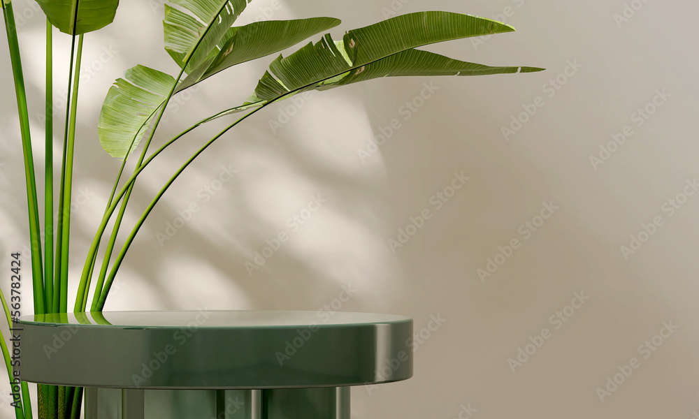 Modern elegant green stone podium table, tropical banana tree in sunlight on beige wall background f