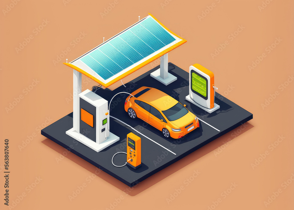 Company electric cars fleet charging on parking lot with fast charger station and many charger stall