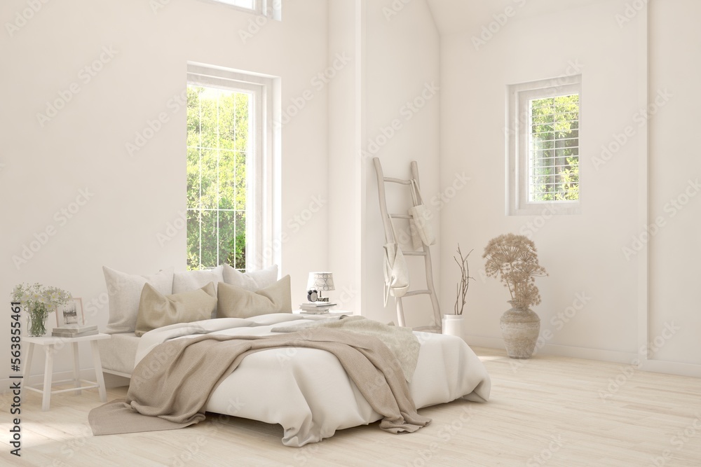 White bedroom interior. Scandinavian design. 3D illustration