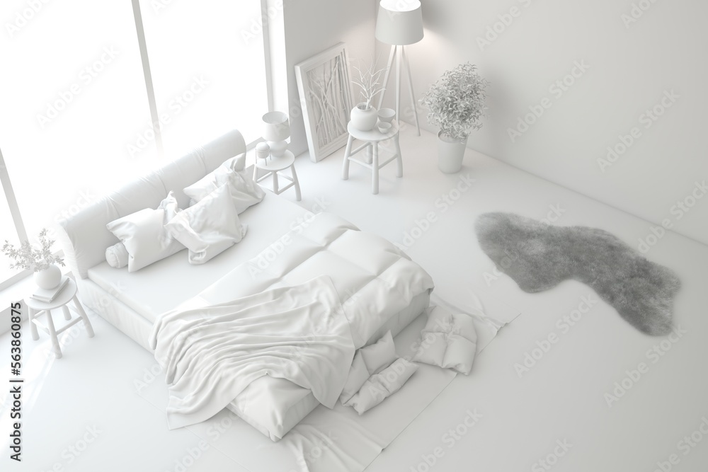 White bedroom interior. Scandinavian design. 3D illustration