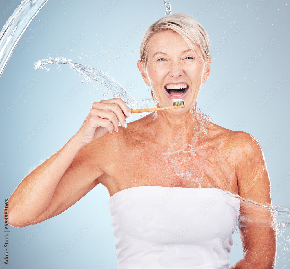 Woman, studio and toothbrush with water splash, smile or portrait for mouth wellness by blue backgro