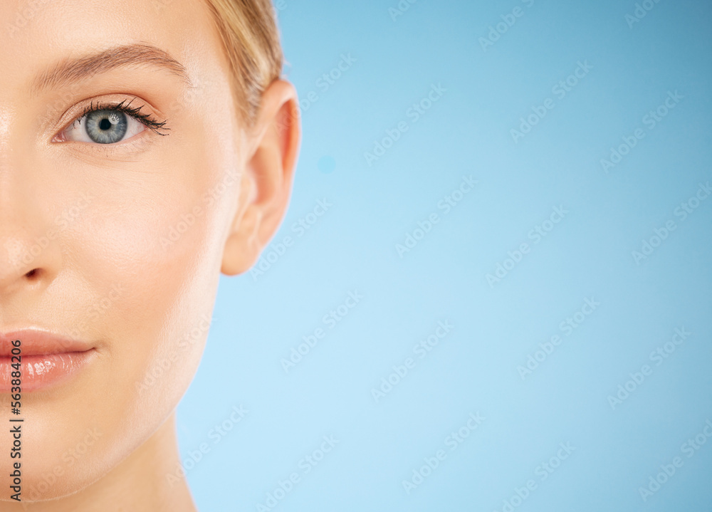 Skincare, beauty and half portrait of a woman for dermatology isolated on a blue background. Makeup,