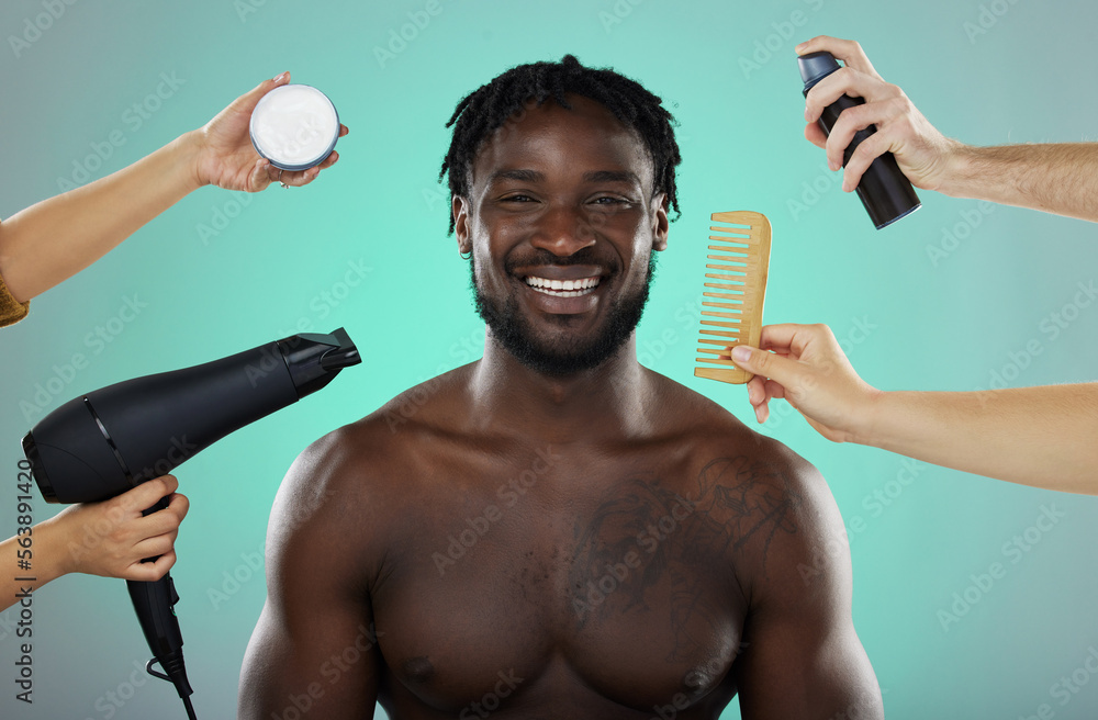 Hair, makeover and salon treatment with man in studio portrait with smile, hairdryer and comb on gre