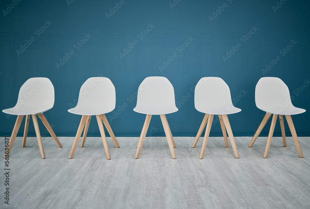 Chairs, line and waiting room in the office corridor for an interview, meeting or recruitment. Seats