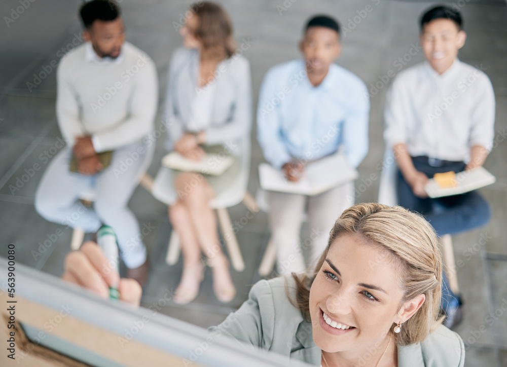 Presentation, training and woman writing on board in a meeting for planning, coaching and strategy. 