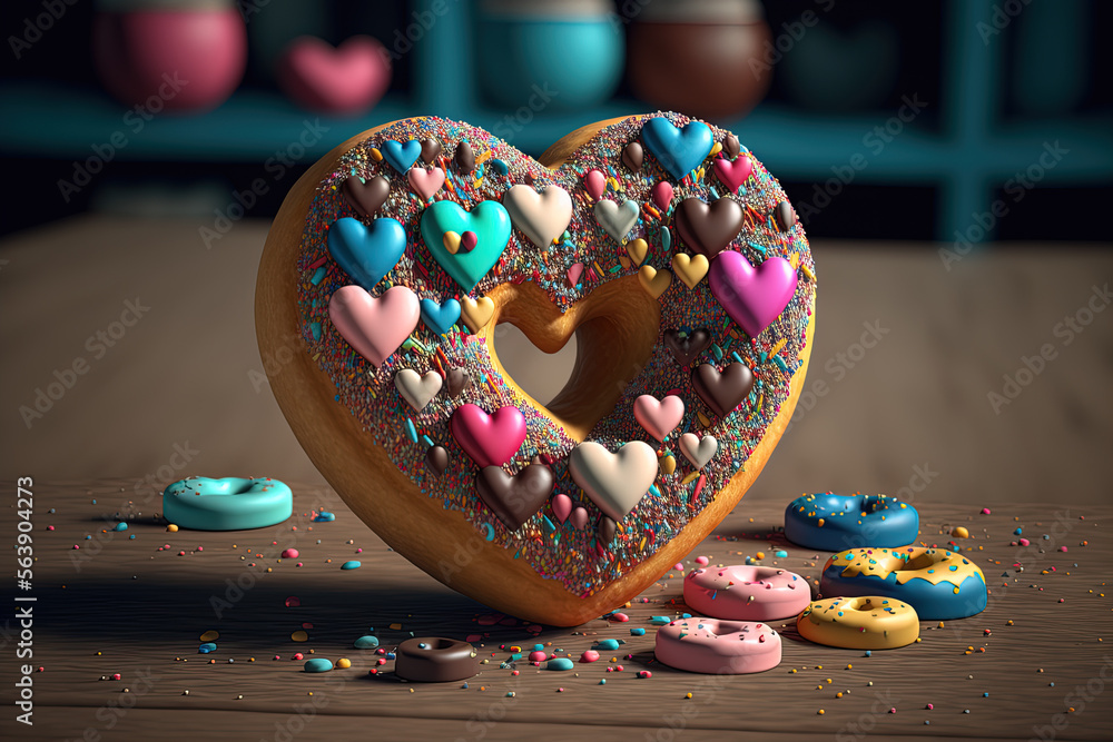 Generative AI, donut in heart shape with little hearts pastries, coockies on the table. Sweet food a