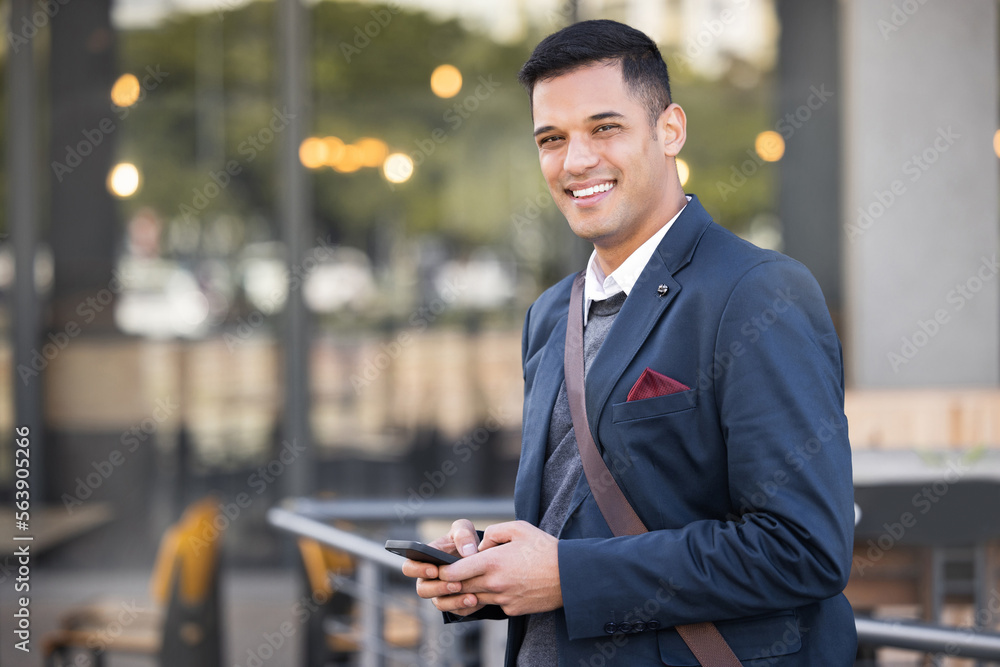 Phone, portrait and happy businessman in the city with success, leadership and confidence. Technolog