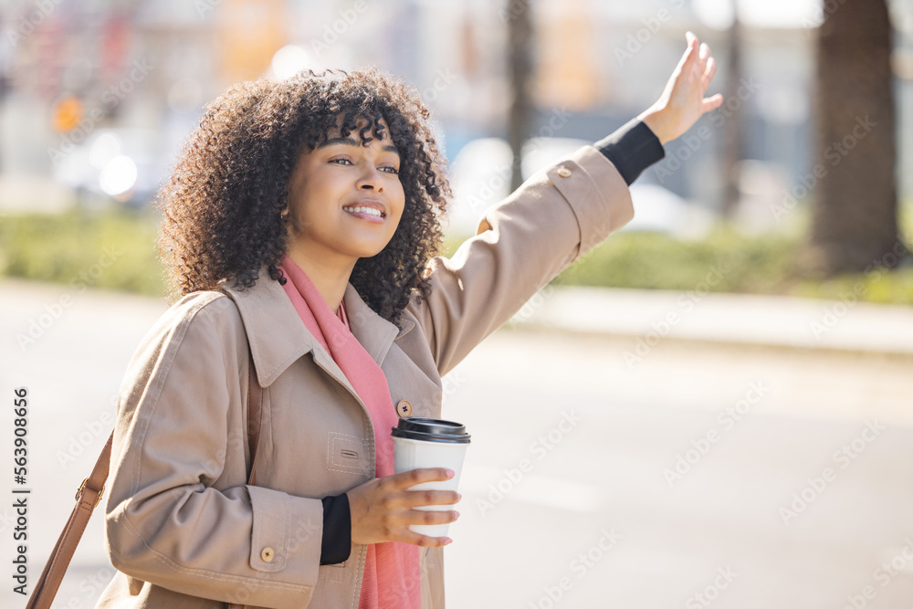 Taxi, coffee and commute with a business black woman calling or hailing a cab outdoor in the city. S