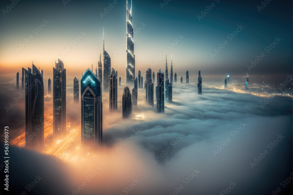 Top of skyscrapers building high above the clouds in the morning sunrise . Futuristic architecture o