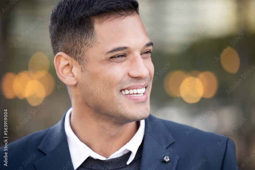 Business man, smile and city bokeh lights with a young professional feeling happy about work. Outdoo