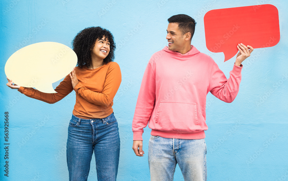 Happy people, laughing or speech bubble on isolated blue background for social media, vote mock up o