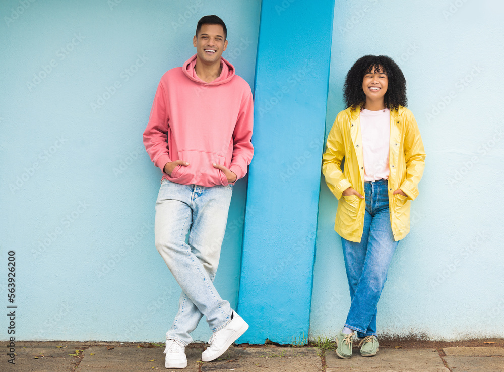 Couple of friends, bonding or portrait on isolated blue background in fashion, afro hair trend or co