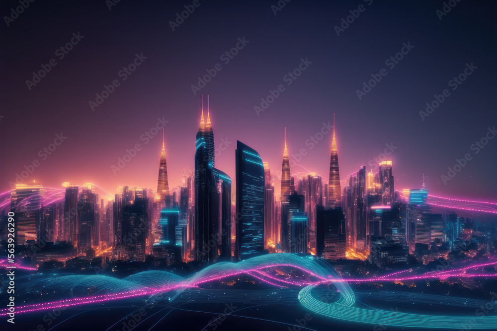 Smart city with communication network graphic connecting the city with wireless internet technology.