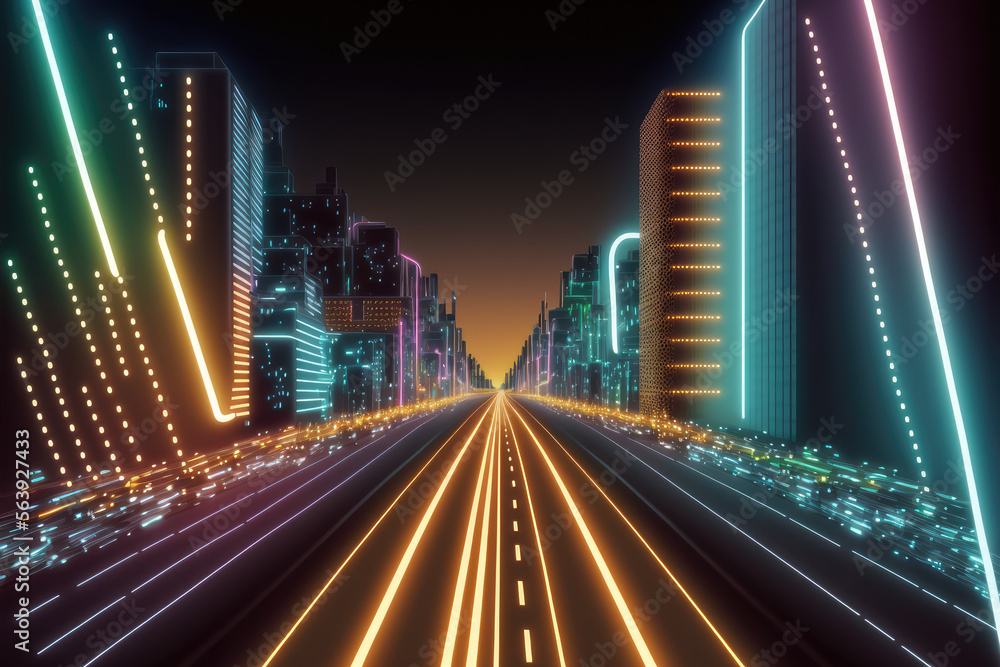 Abstract highway path through digital smart city graphic design. Peculiar AI generative image.