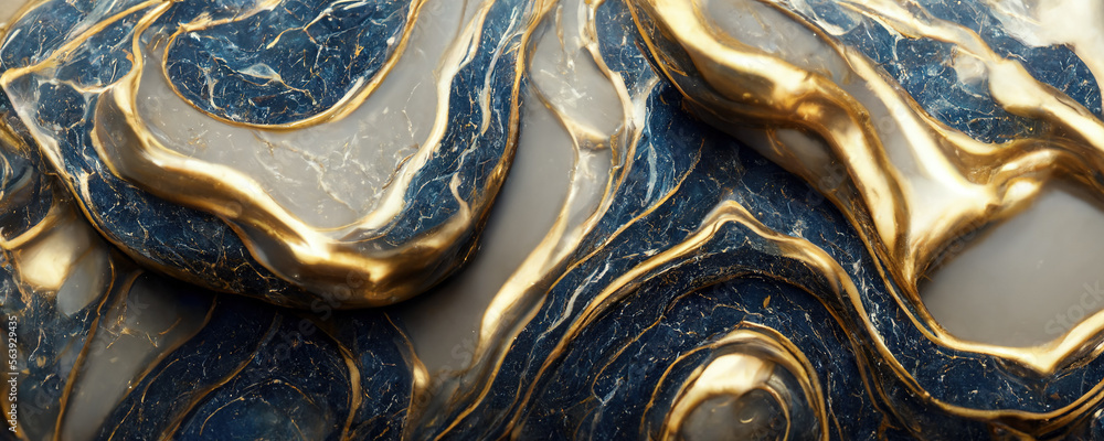 Splendid modern marbling painting abstract design of blue and gold wavy veins pattern texture marble