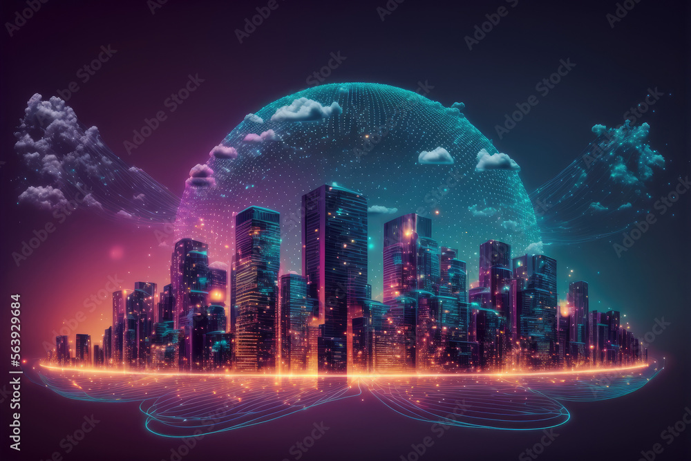 Futuristic smart city internet network connection through wireless system. Peculiar AI generative im